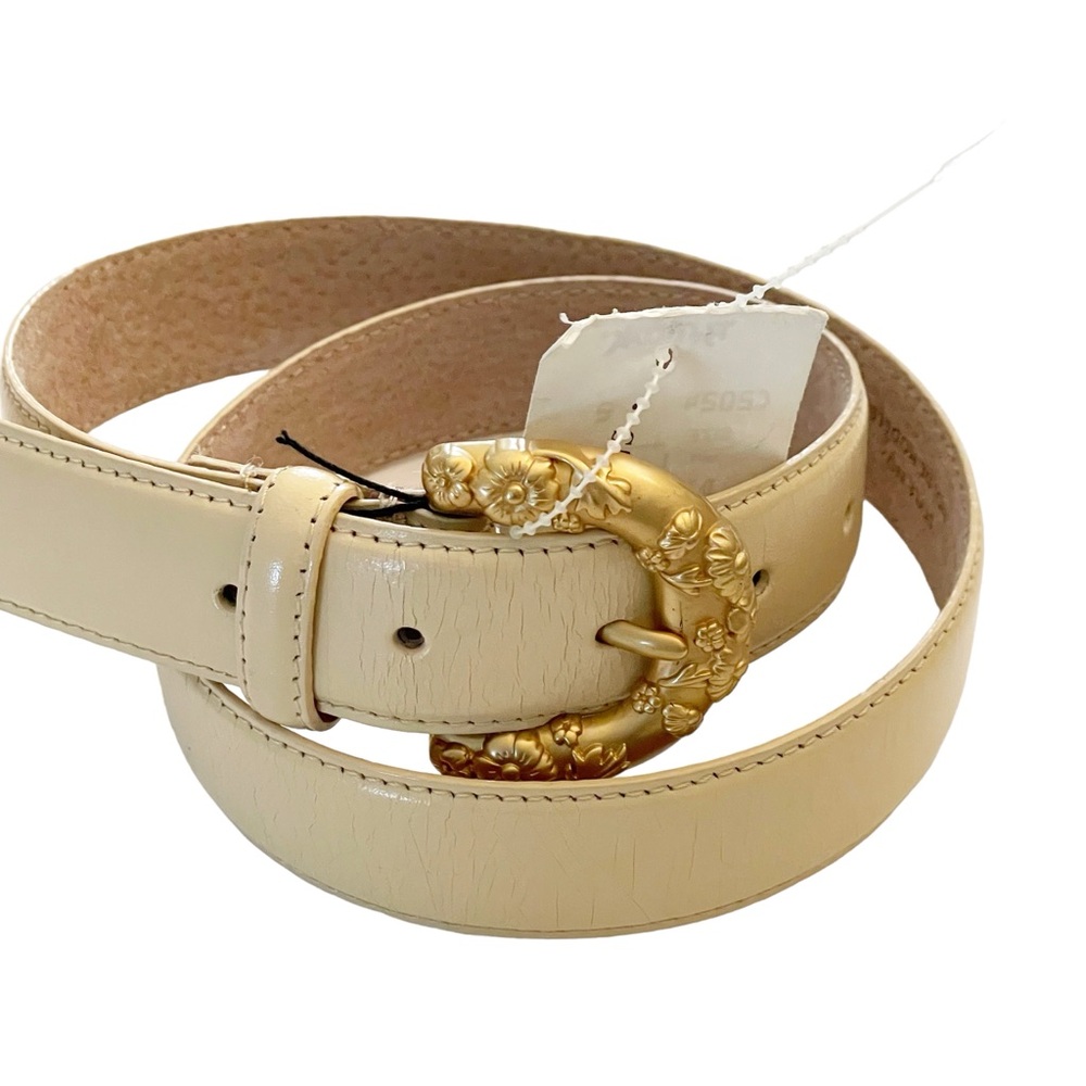 Liz Claiborne Vintage Medium Cream Genuine Bonded Leather Gold Hardware Belt NEW